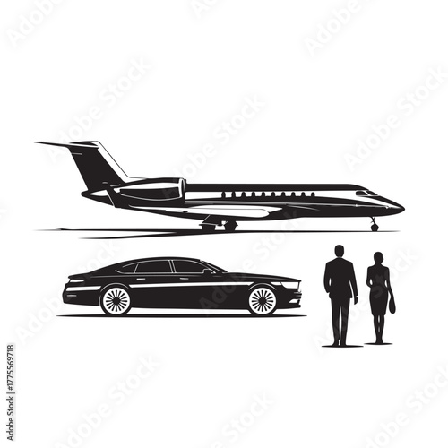 Black silhouette of private jet car and couple on white background