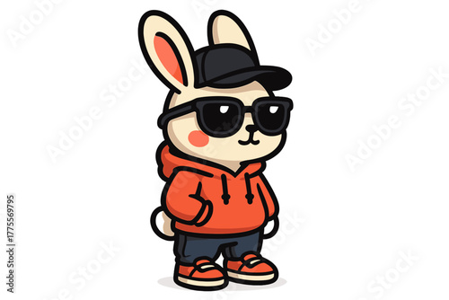 Stylish rabbit character in an orange hoodie and sunglasses showcasing a cool vibe in a cartoon setting