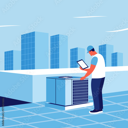 HVAC technician with digital tablet inspecting and fixing air conditioning unit on a city rooftop. Aircon repair, cooling system maintenance, energy efficiency, ventilation, and temperature control