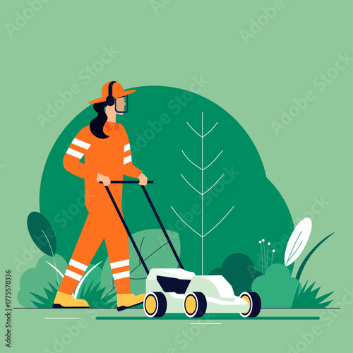 Landscaping and lawn care maintenance with professional groundskeeper mowing green grass in backyard with protective workwear, ppe and equipment for sustainable outdoor gardening and turf management