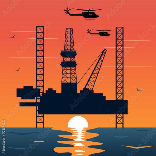 Silhouette of offshore oil rig platform at sunset with helicopters flying above the ocean. Petroleum industry, drilling and extraction at refinery for energy production, hydrocarbons and global trade