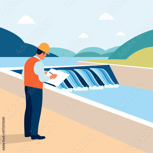 Civil engineer inspecting dam structure for quality control after building and construction. Hydroelectric power, resource for clean water and conservation or infrastructure design and maintenance