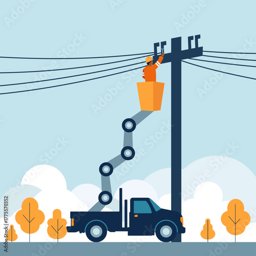 Electrician or transmission line technician working on power lines from a bucket truck on a city street. Electrical maintenance, energy grid repair and safety in utility service and engineering