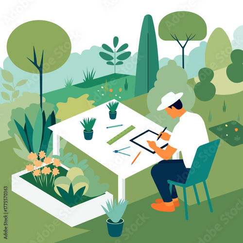 Garden designer using digital tablet to plan backyard landscape, sketching blueprint and plant layout for eco friendly landscaping project, horticulture and architecture or outdoor garden design work