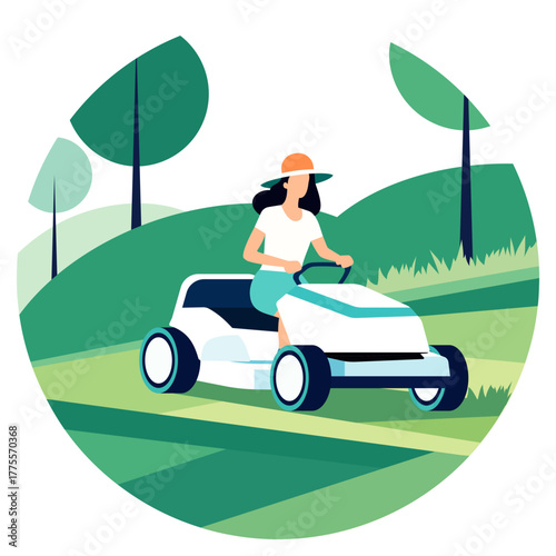 Landscaper riding electric lawn mower in backyard. Lawn care and landscaping maintenance, cutting green grass and trimming garden plants for sustainable outdoor yard work and turf management