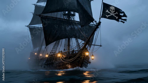 Large pirate ship with glowing lanterns sails on ocean under dark sky.  Corsairs on pirate frigate with black sails and bone flag with Jolly Roger sail in mysterious fog. Fantasy, history and travel 