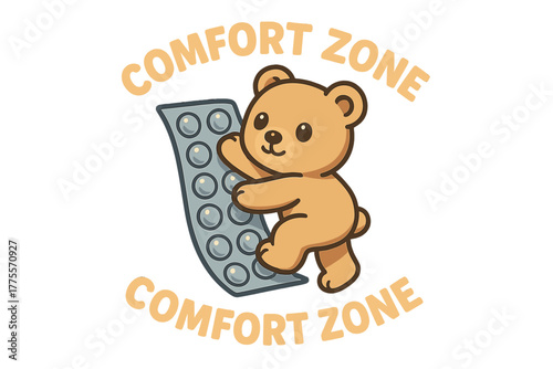Cute bear climbing a soft surface, promoting comfort and playfulness in a warm and inviting design