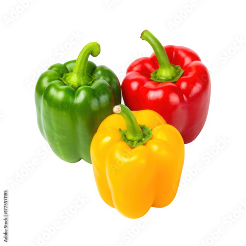 Three bell peppers of different colors isolated on transparent background
