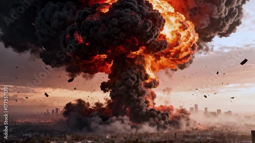 Huge fiery nuclear explosion with mushroom cloud rises above landscape. Powerful nuclear bomb explosion, black smoke rises into sky. War, destruction and disaster. Military, action and war concept