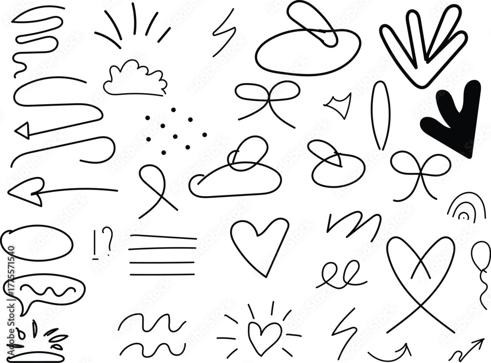 Naklejka premium Simple sketch line style elements. Doodle cute ink pen line elements isolated on white background. Doodle arrow, heart, star, decoration symbol, icon set. Vector illustration