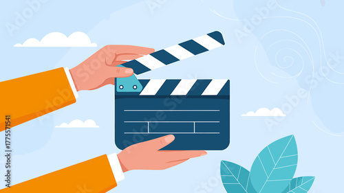 Illustrative Hands Holding a Movie Clapperboard Against a Pastel Sky Background Depicting Film Production