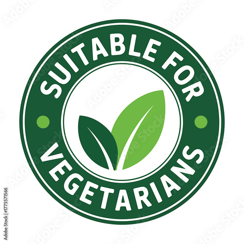 Suitable for vegetarians badge label green leaves symbol promoting healthy eating choices and plant based diets for ethical consumption awareness