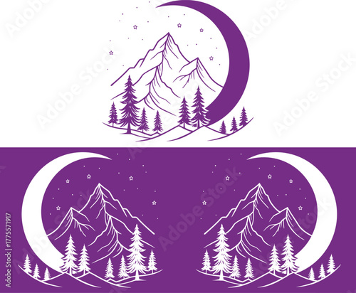 Mystical crescent moon over snowy mountain peaks and pine forest landscape illustration
