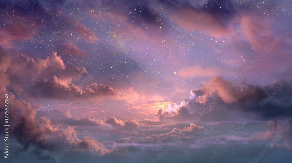 Naklejka premium Soft Glowing Clouds Representing Hope in a Serene Sky at Dusk with a Blend of Colors and Stars
