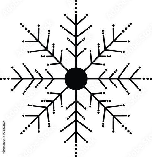 Stylized vector snowflake graphic with black central circle and dot pattern branches