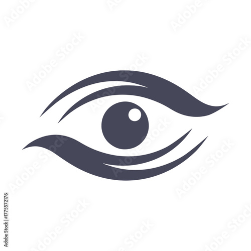 Stylized dark gray eye symbol with white pupil on white background vision sight