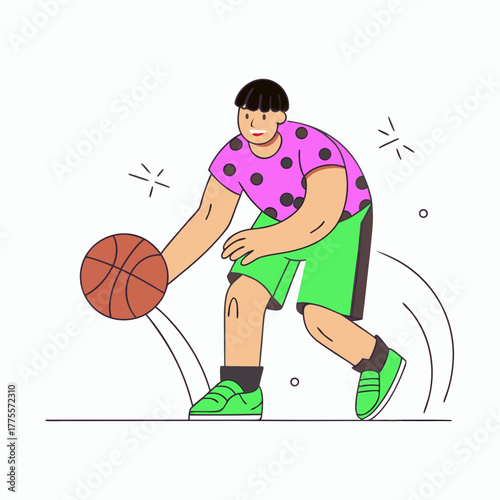 Dynamic illustration of a young basketball player expertly dribbling the ball on the court, showcasing athletic movement and game readiness for healthy activity and sport