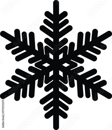 Simple black snowflake vector graphic with six branches and intricate detailing, ideal for winter