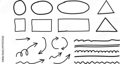 Hand drawn doodle shapes and design elements with circles, rectangles, triangles, arrows and underlines collection set