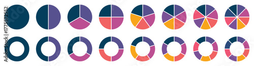 Pie chart set. Colorful pie charts icons. Circle pie charts with varying segments. Pie charts diagrams. Different color. Donut and pie chart infographic elements. Vector illustration.