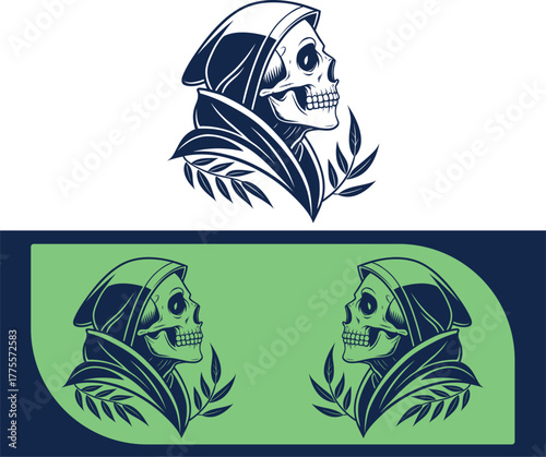 Dark grim reaper skull with hood and laurel wreath emblem design