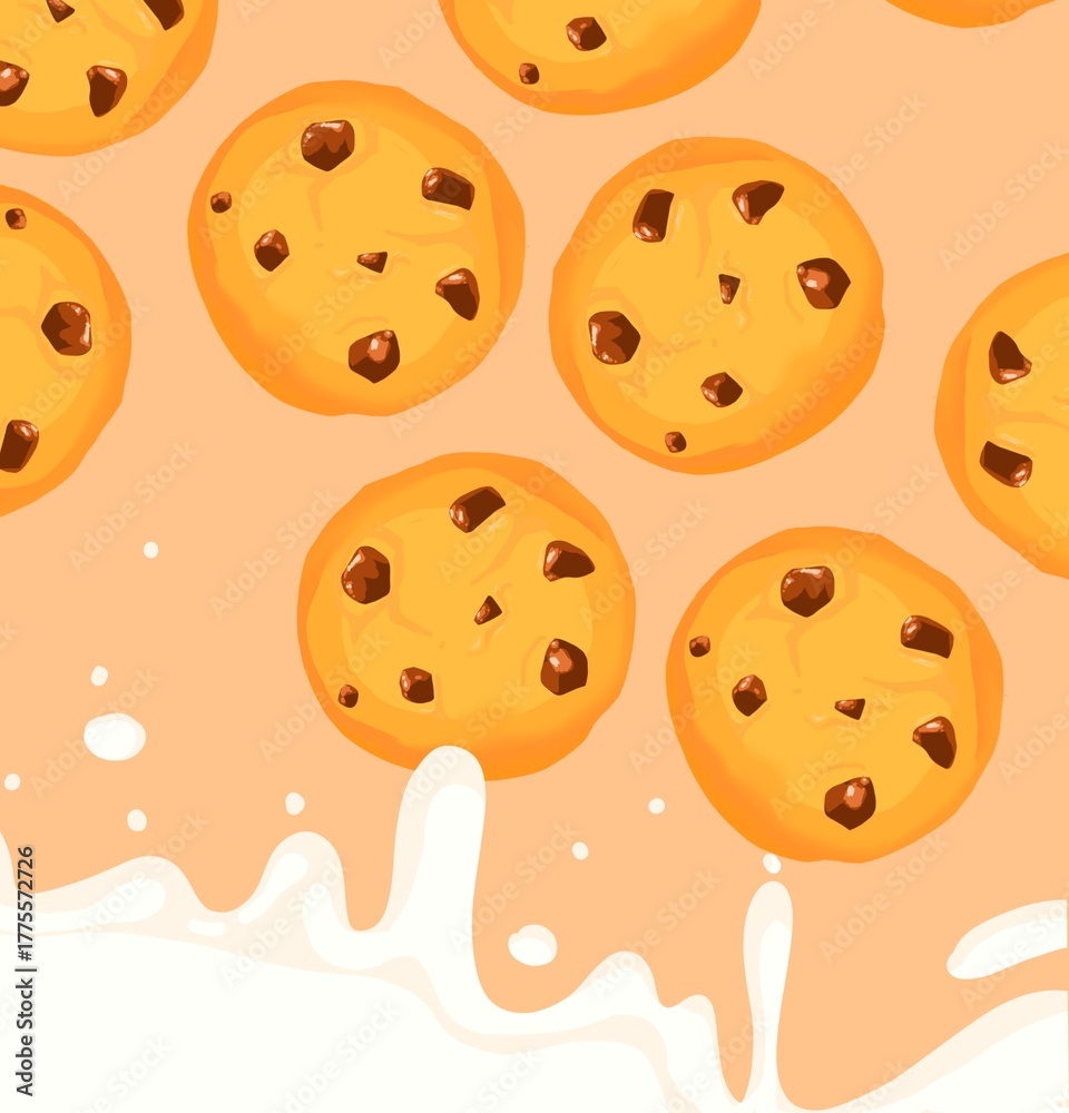 Fototapeta premium cookie pattern and milk background cute breakfast cartoon style illustration