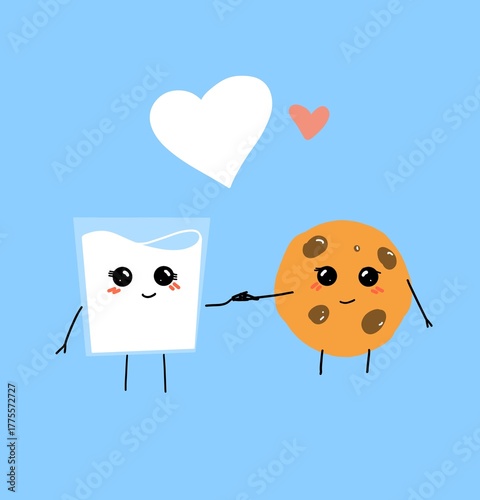 cookie and glass of milk , cute funny character cartoon style illustration 
