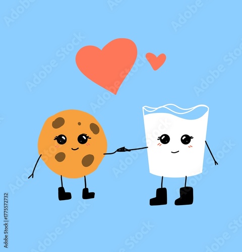 cookie and glass of milk , cute funny character in love cartoon style illustration 