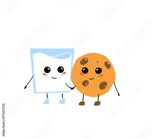 cookie and glass of milk friends  , cute funny character cartoon style illustration 