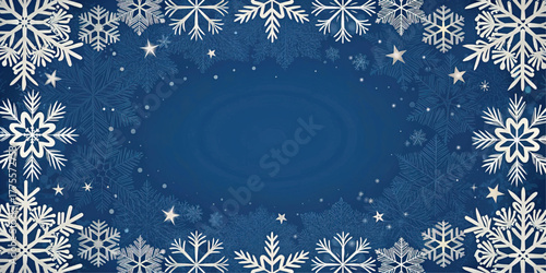 A winter frame of white snowflakes on a dark blue background. This vector border is a beautiful, cold, and festive design for a Christmas holiday greeting card.
