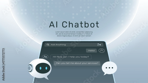 AI Chatbot on Mobile Screen. Robot with speech bubble. Chat interface concept. Personal assistant concept. Machine learning, Virtual Assistant Conversation App Interface Vector