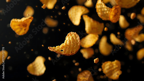 Crispy potato chips floating for snack temptation