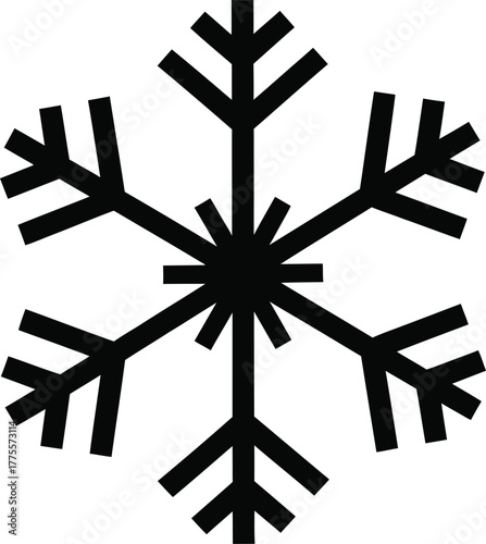 Black snowflake icon vector graphic for winter, cold, and frost symbol illustrations