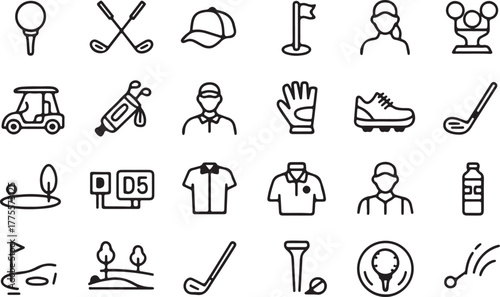 Golf sport icons set: equipment, players, course elements and more