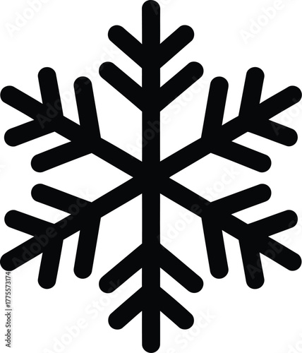 Simple black snowflake icon outline vector illustration, representing cold weather and winter season
