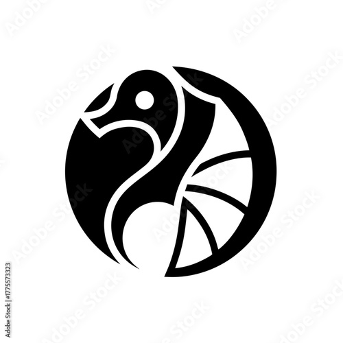 Stylized seahorse in black circle on transparent background silhouette