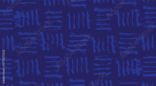 The image displays an abstract pattern of dark and light blue, composed of textured horizontal and vertical lines arranged in a grid-like woven or checkered design resembling brush strokes