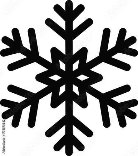 Black line art snowflake icon representing winter season, cold, and christmas holidays