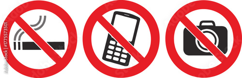 No smoking, no mobile phones, and no photography vector signs, prohibition icons for safety, privacy, and restricted area compliance in public spaces