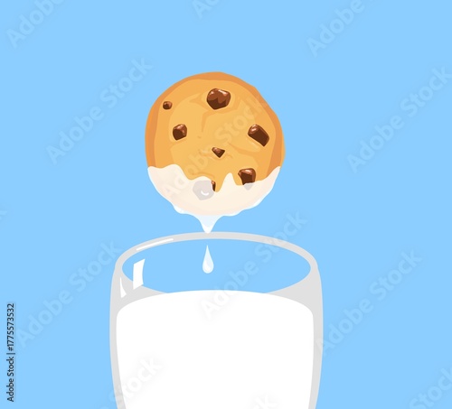 cookie dropped in milk cute cartoon style illustration breakfast, snack 