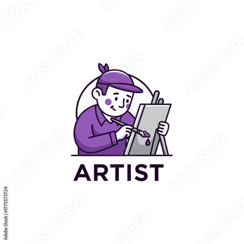 Cartoon style artist painting on an easel creative illustration hobby art design