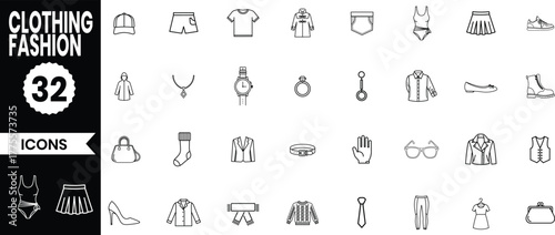 Collection of 32 simple line art icons representing clothing and fashion accessories for design