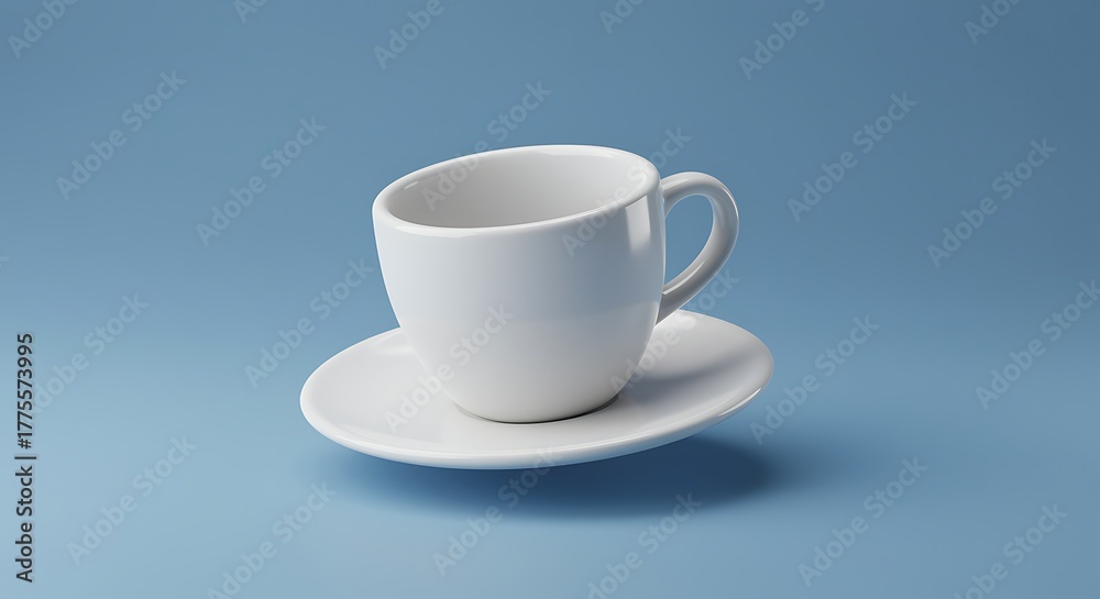 Fototapeta premium Elegant white ceramic coffee cup and saucer on pastel blue background creating a simple and clean aesthetic