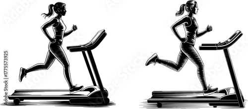 Woman Running on Treadmill - Gym Fitness Workout Black and White Vector Art