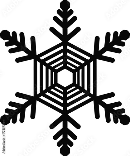 Geometric snowflake vector illustration, simple black and white line art, winter symbol