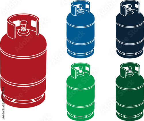 Isometric vector set of industrial gas tank components, top view, isolated for custom design, no background, clean and detailed.