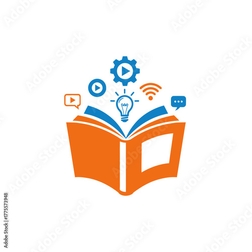 Open book with digital technology icons symbolizing online education and knowledge sharing