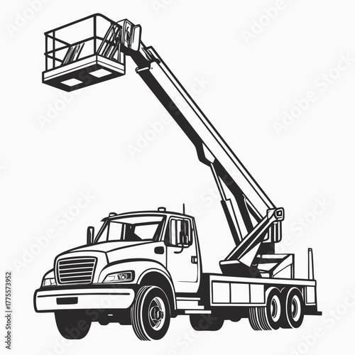 Black silhouette of a boom lift truck, isometric view, industrial construction vehicle for work, isolated with no background.