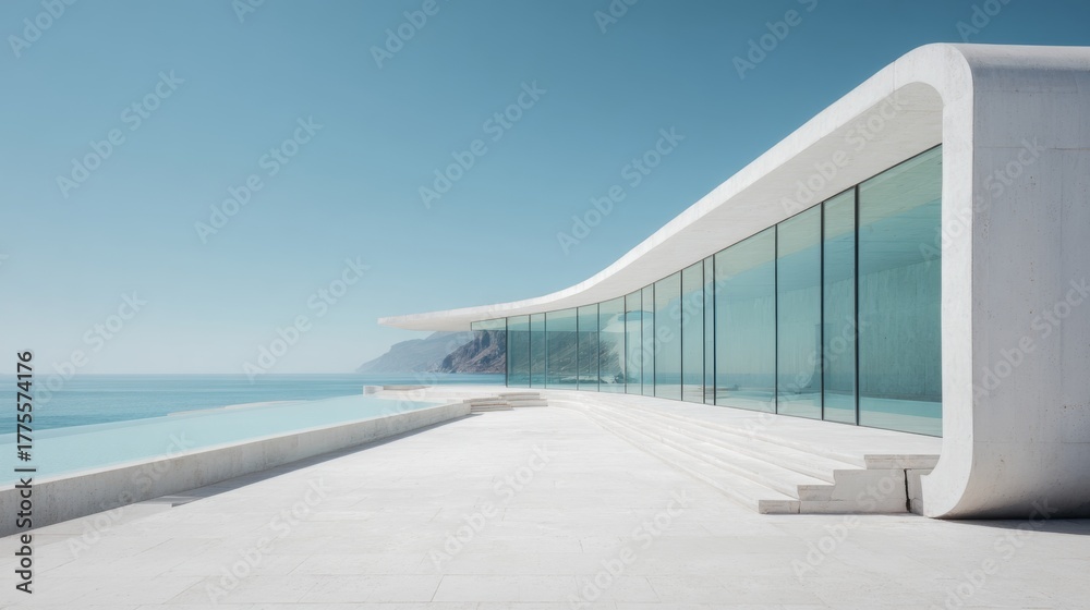 Fototapeta premium Modern White Concrete Structure with Large Glass Windows Overlooking Ocean and Mountain Views