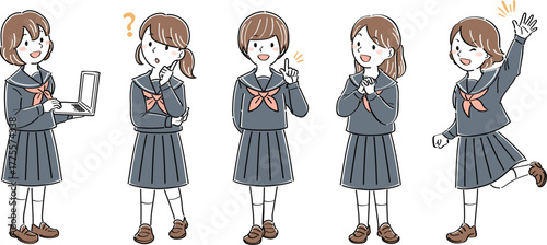 制服姿の女子学生の全身イラストセット・様々なポーズと表情（ノートパソコンを使う、疑問、説明、手を振る）